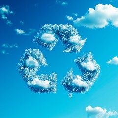 Fototapeta premium Recycling symbol made of clouds against a vibrant blue sky promoting eco-friendly practices