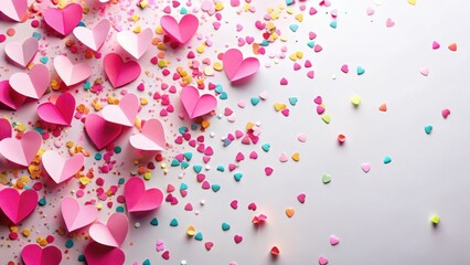 Colorful pink paper hearts scattered on a white background with a confetti overlay effect, creating a festive atmosphere, paper heart craft, celebration overlay