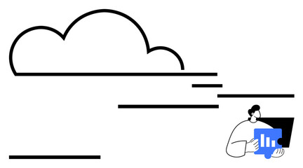 Cloud and analytics dashboard near a user working on data. Ideal for cloud storage, tech innovation, data science, remote work, SaaS platforms, business growth, abstract line flat metaphor