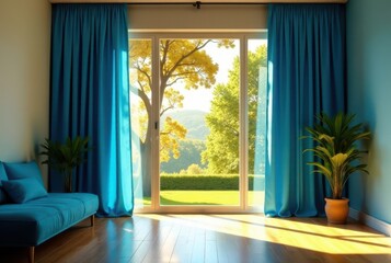 Fototapeta premium Serene living room with vibrant blue curtains framing a sunlit view of lush nature through expansive glass doors.