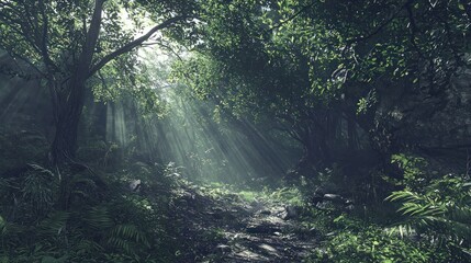 Sunbeams illuminate a lush, mysterious jungle path.