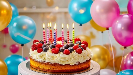 Child celebrates birthday, colorful balloons around. Young girl enjoying cake with berries, festive mood. Party balloons, joyous celebration indoors. Cake topped with fresh berries, sweet delight.