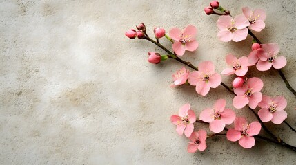 Delicate Pink Cherry Blossom Branch with Buds on Soft Background