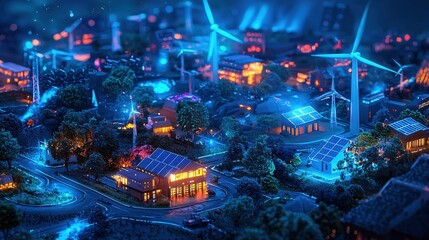 Obraz premium Night view of a small town with wind turbines and solar panels glowing in the dark