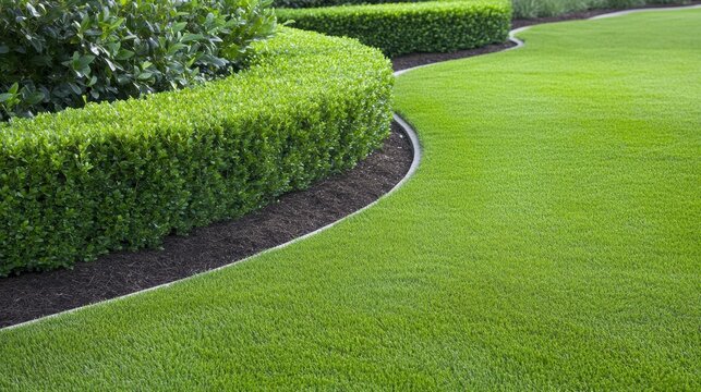 Pristine lawn and neatly trimmed hedges in a modern garden landscape design
