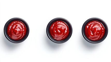 Three Bowls of Fresh Red Ketchup on White Background