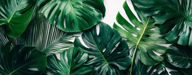Lush tropical leaves on white, background design