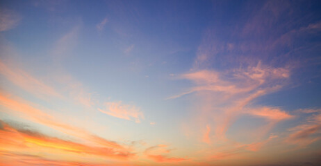 Sky Summer Sunset Background with Nature Light and clouds on Colorful Orange Pink and Blue Fantasy Sunrise Sky, Beautiful Horizon Dusk Sky in the