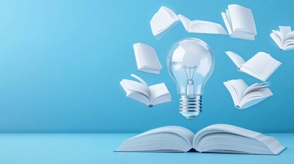 Floating books and light bulb conceptualizing creative learning on blue background