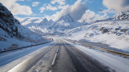 Snowy mountain road winding through a winter landscape.