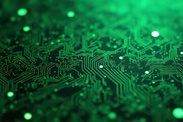 Green glowing circuit board with intricate patterns and futuristic design