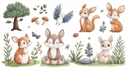 Naklejka premium A charming illustration featuring cute woodland animals, including deer, rabbits, and birds, alongside trees and mushrooms, creating a whimsical forest scene.