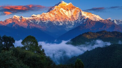 Obraz premium Majestic sunrise illuminates snow-capped Himalayan peak.