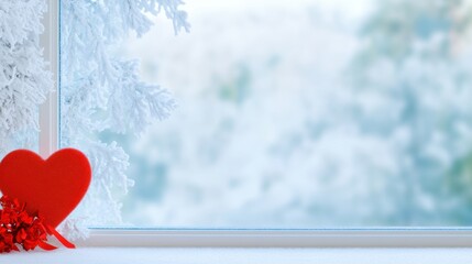 Heartfelt red decoration by frosty winter window scene