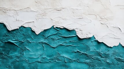 Obraz premium Textured wall with paint peeling off, revealing teal and white layers. Abstract background with a rough surface and contrasting colors. Ideal for