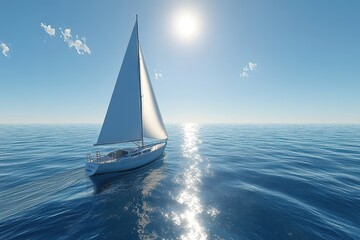 Obraz premium A sailboat glides across a calm, blue ocean under a bright sun. Perfect for travel, adventure, or freedom themes.