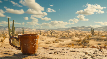 A rustic coffee cup rests on a stone ledge in a vast desert landscape under a clear blue sky