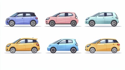 Fototapeta premium Six colorful cars displayed in a side view, showcasing various designs and shades, including blue, pink, green, and yellow.