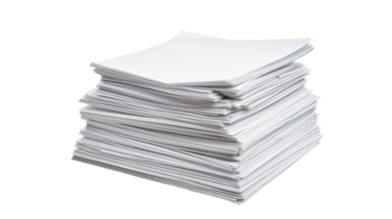 A stack of white papers on a transparent background