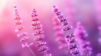Obraz premium Close up of three lavender stalks with purple flowers, soft pink and purple background, sunlight effect, tranquil and serene atmosphere