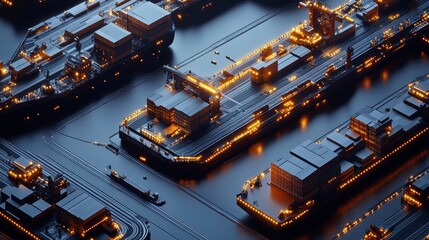 Container ship, augmented reality shipping data, 3D illustration.