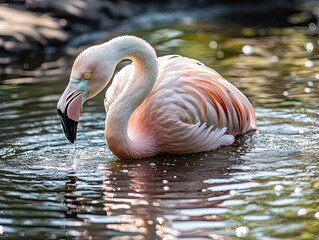 Fototapeta premium A pink flamingo drinks water from a pond with a reflection of the sun on the water
