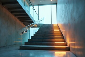 Illuminated Concrete Staircase with Modern Glass Railing Leading to a Bright Window