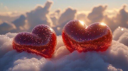 Fototapeta premium A dreamy composition of red hearts with glitter details, nestled in soft clouds, exuding romance and charm.