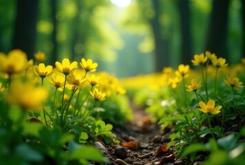 Sunlit Path Through a Meadow of Vibrant Yellow Wildflowers, Leading to a Serene Forest