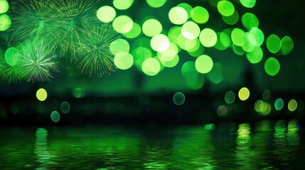 Green fireworks reflected in water at night.