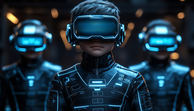 A trio of children wearing futuristic VR headsets, surrounded by glowing blue neon lights. Captures the essence of immersive gaming and technology in a modern environment.