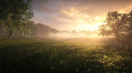 Misty sunrise over idyllic field with trees.