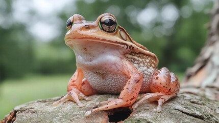 Close-up of a striking orange and brown frog perched on a tree trunk, showcasing intricate details of its skin and vibrant colors.