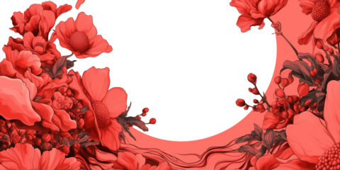 Floral design with vibrant coral pink flowers and crescent shaped empty space