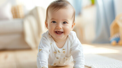 Fototapeta premium happy baby is crawling across sunlit room with wooden floor, smiling joyfully