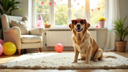 A Golden Retriever wearing sunglasses sits on a fluffy rug in a sunlit room, surrounded by party decorations and balloons.