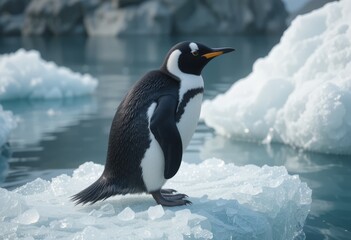 Obraz premium cute penguin standing on the ice near the sea