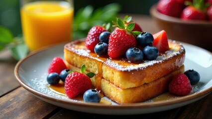 Delicious Golden French Toast Topped with Fresh Berries and Drizzled with Sweet Syrup
