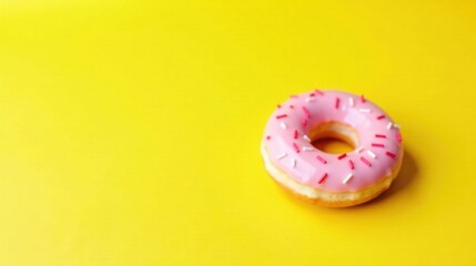Fototapeta premium A single, delicious pink frosted donut with colorful sprinkles rests on a vibrant yellow background, ready to satisfy a sweet craving