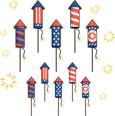  Colorful Festive Firework Rocket Icons with Patriotic American Themes