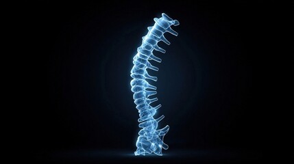 Futuristic 3D Rendering of Human Spine in Blue Light Against Dark Background