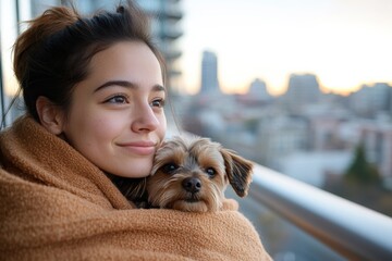 As twilight settles in, a woman and her small dog snuggle together, watching the city lights come to life, evoking feelings of warmth, love, and relaxation in a special moment.