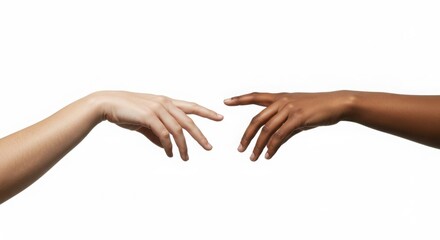 Reaching Hands of Different Skin Tones on White Background