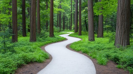Serene forest pathway amidst tall trees and lush greenery in a peaceful woodland