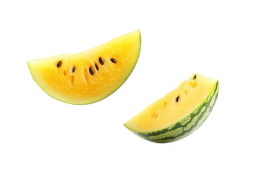A close up of a watermelon with a few slices missing. ,on transparent background.