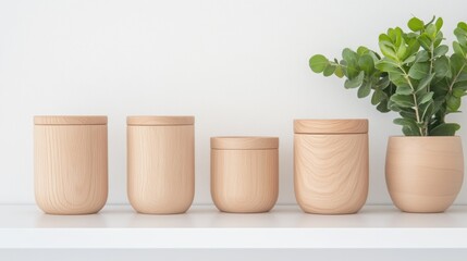 Minimalist wooden containers and greenery on white shelf