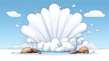 Cartoon Style Explosion Effect with White Clouds and Rocks in a Blue Sky Landscape