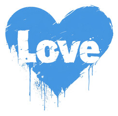 Obraz premium Blue heart with word Love in bold black letters and paint splatters