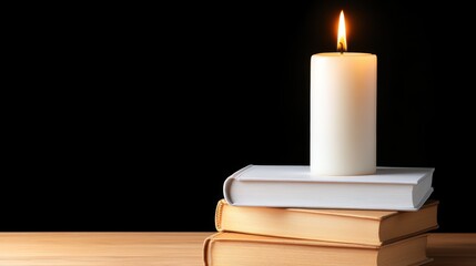 Candle illuminating a stack of books against a dark background
