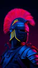 Futuristic gladiator in illuminated armor with vibrant pink mohawk against a dark background showcasing a modern take on historical themes